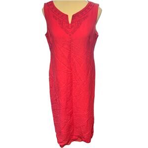 Talbots Women's 12P Preppy V Neck Knee Length Pink Shift Dress Embroidered Linen